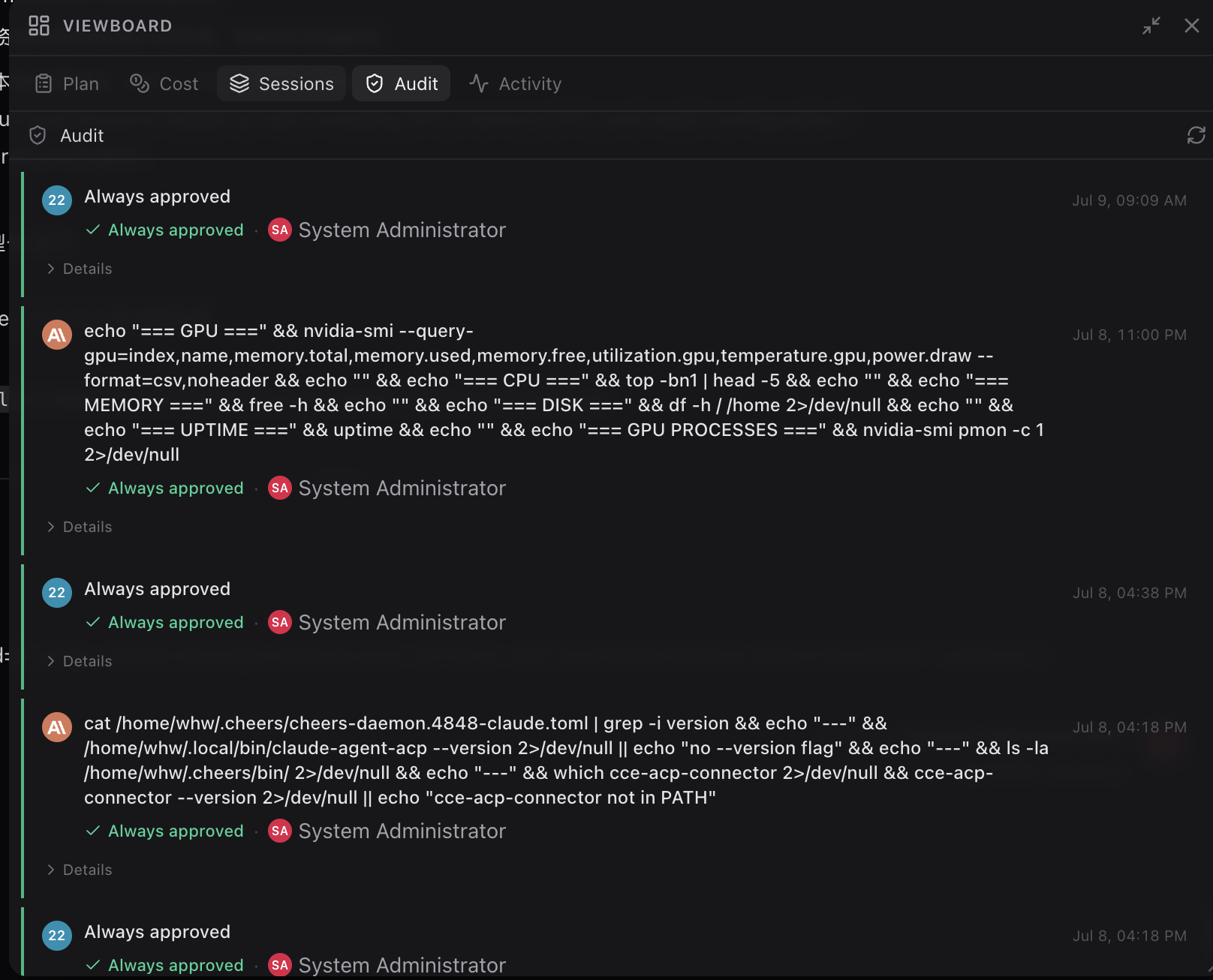 Viewboard Audit tab listing shell commands with approval decisions.